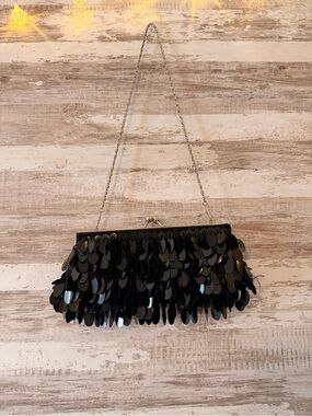 Black Sequin Fringe Evening Clutch with Chain Strap